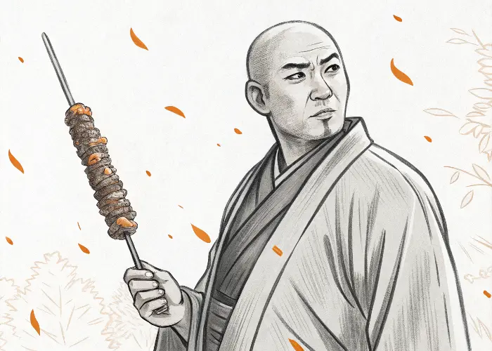 A satirical twist on Seven Samurai: Warriors who survived battles but ended up 'kebabed' (grilled)!