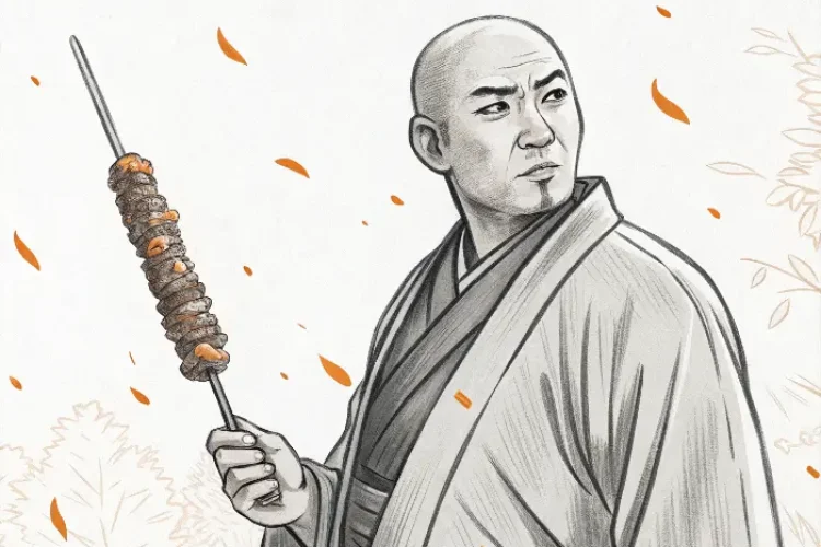 A satirical twist on Seven Samurai: Warriors who survived battles but ended up 'kebabed' (grilled)!